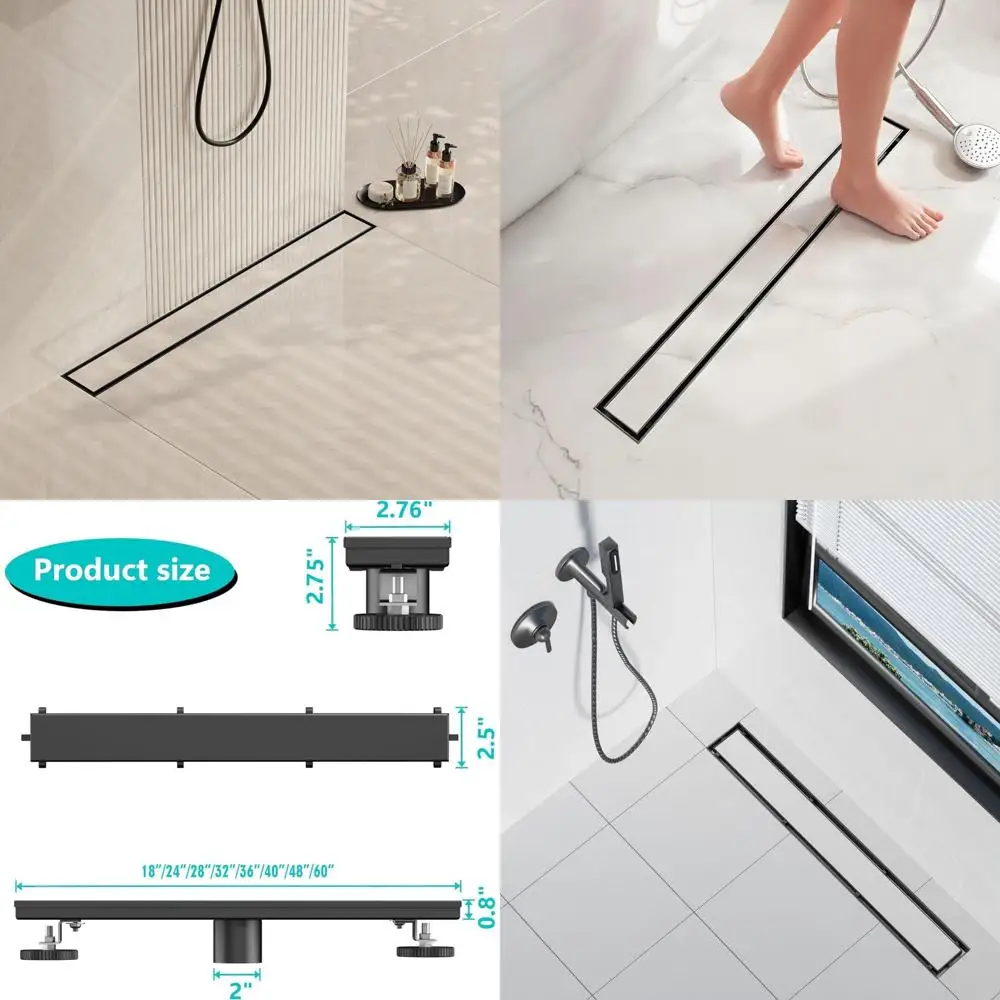 

Linear Shower Drain with Matte Black 2-in-1 Flat & Tile Insert Cover, 304 Stainless Steel Rectangle Shower Floor for Modern Bath
