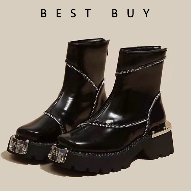 British Style Round Toe Flats Chelsea Boots Ladies Shoes Fashion Golden Tooth Decor Chunky Bottom Women Mid-Calf Short Boots