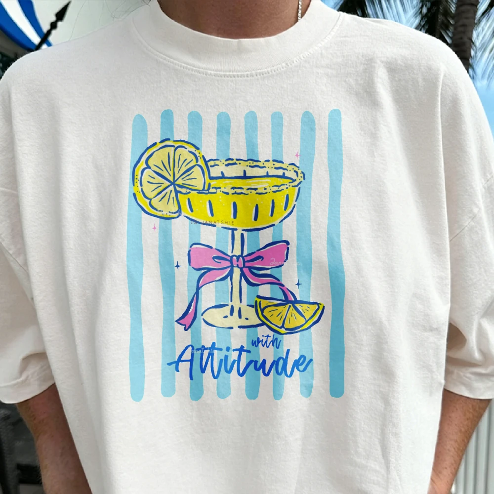 Short Sleeve Cotton T-Shirt with Cocktail Glass Lemon Slice Blue Stripes Pink Bow Attitude Text Hand Drawn Quirky Whims Casual