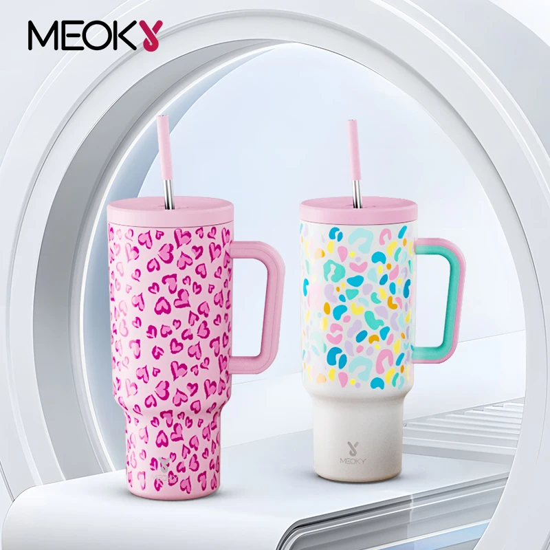 Meoky 40oz Cup Large Capacity Water Bottle Various Styles Pink White Vacuum Cup Stainless Steel Juice Milk Tea Car Mugs Gifts