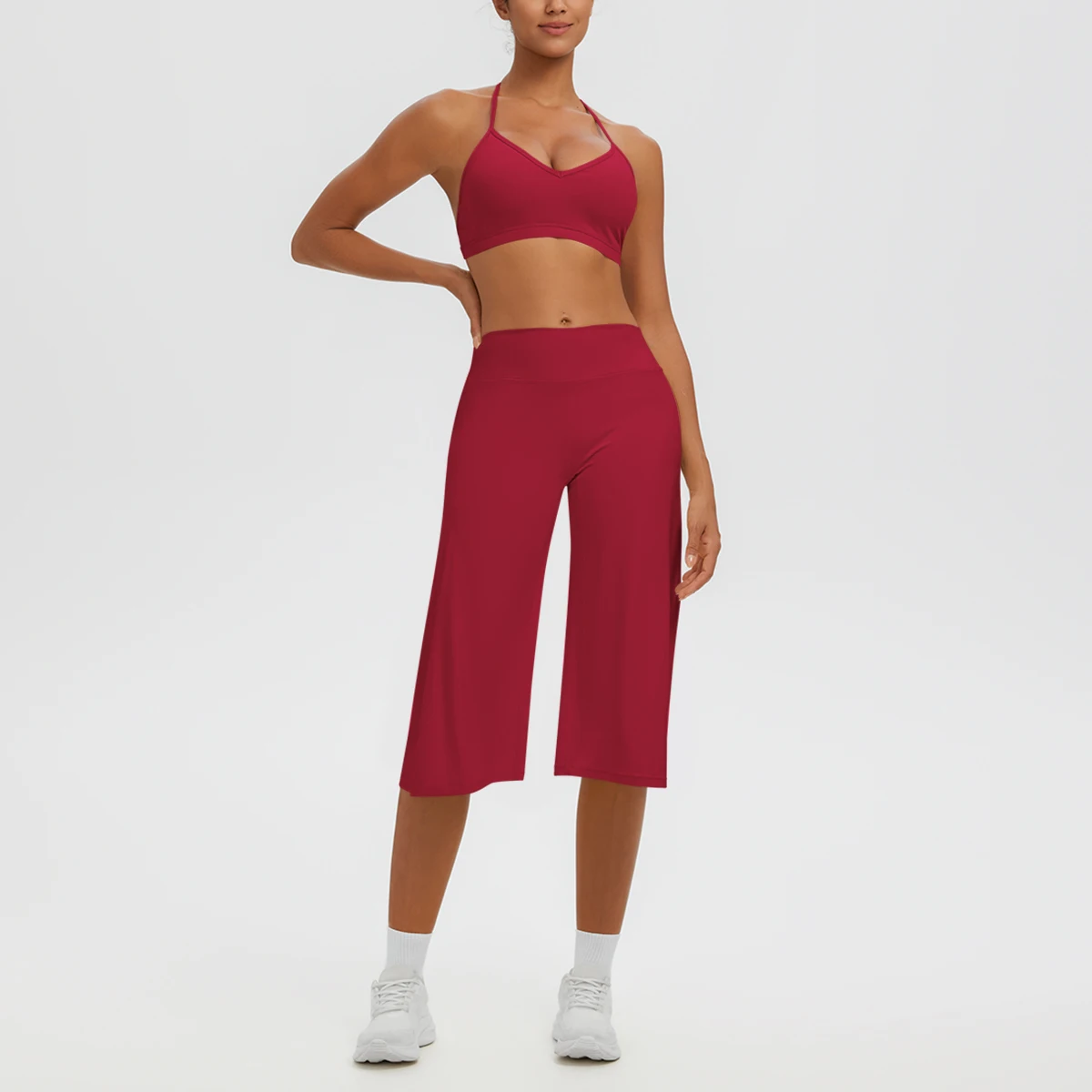 2PCS/set Woman Yoga Gym Clothing Solid Color Backless Yoga Bra Fitness Sports Loose Capri Pants Yoga Suit Customizable Logo view 3