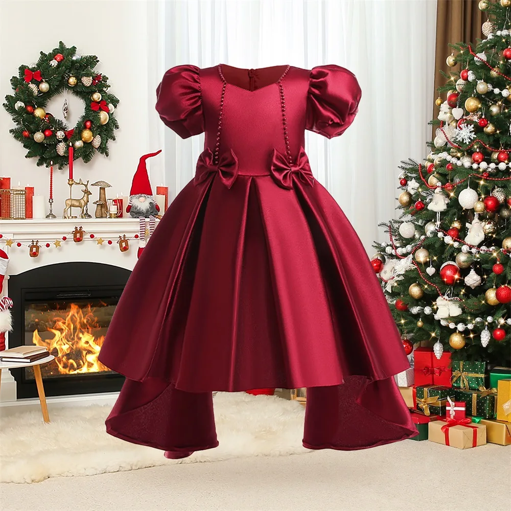 

New Year Gift Christmas Elegant Dress For Girl Solid Color Big Bow Princess Dress Birthday Party Festive Dress For Girl