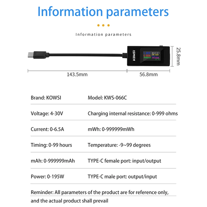 KWS Type C USB Tester 4-30V 0-6.5A Voltage Current Tester Ammeter Detector Power Bank Charger Indicator with HD Color Sreen