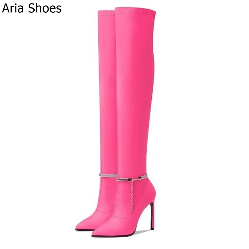 

2026 New Solid Color Knee High Boots Pointed Toe Thin Heels Fashion Metal Ankle Strap Women Long Boots Party Catwalk Stage Shoes