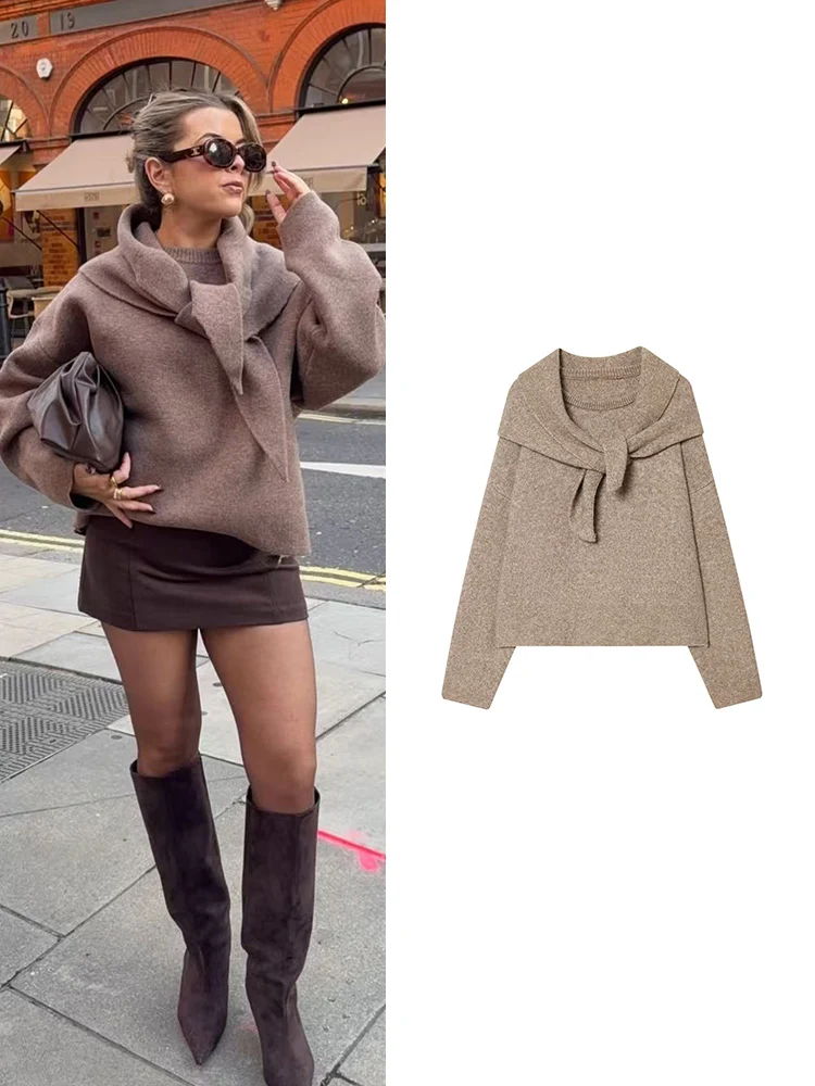 TFMLN New Women Soft Loose Knitted Sweaters Winter Solid Scarf Decoration Pullovers Leisure Warm Round Collar Knitwear ﻿