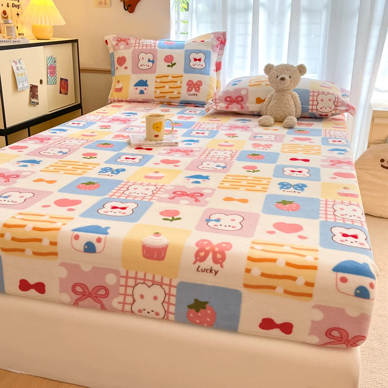 3Pcs Cartoon Plaid Rabbit Flannel Fitted Sheet Set Kawaii Mattress Protector for Kids Girls Winter Warmth Soft Fuzzy Bedding Set