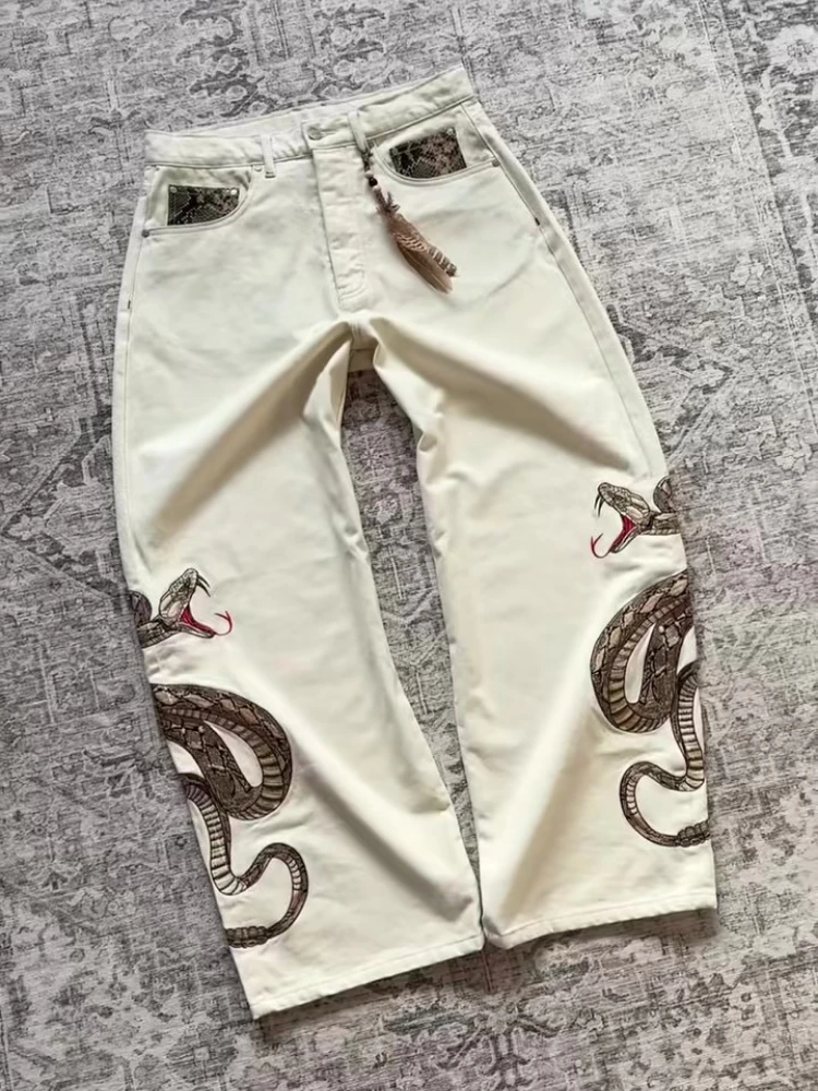 Streetwear Retro Snake Jeans Boa Embroidery Graphic Python Print Pocket Denim Pants Y2K Trend Unisex Baggy Straight Leg Pants