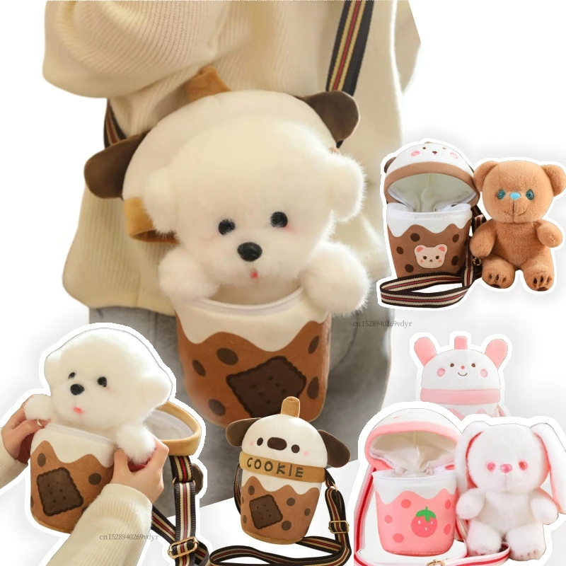 Juguete creativo de perro Bichon en una bolsa de taza Boba, oso de taza, conejito, bolsas cruzadas, animales de peluche, leche, té, bebida, regalos, decoración del hogar, 25cm