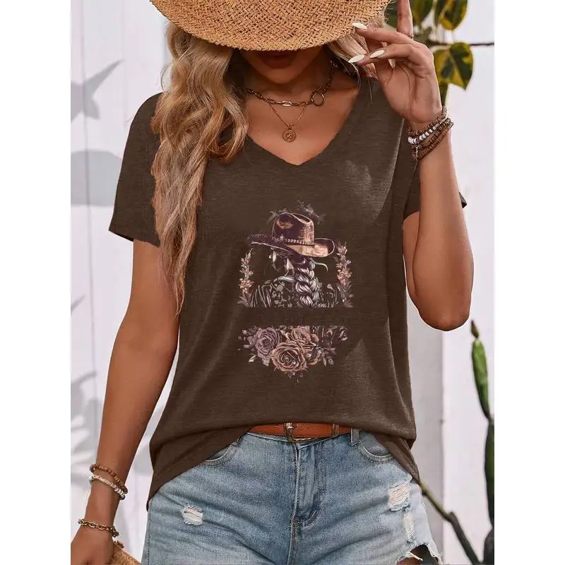 Plus Size - Women'S Fashion Casual Spring Summer New Women'S Clothing, Western Style,Denim Positioning Print V-Neck Short Sleeve