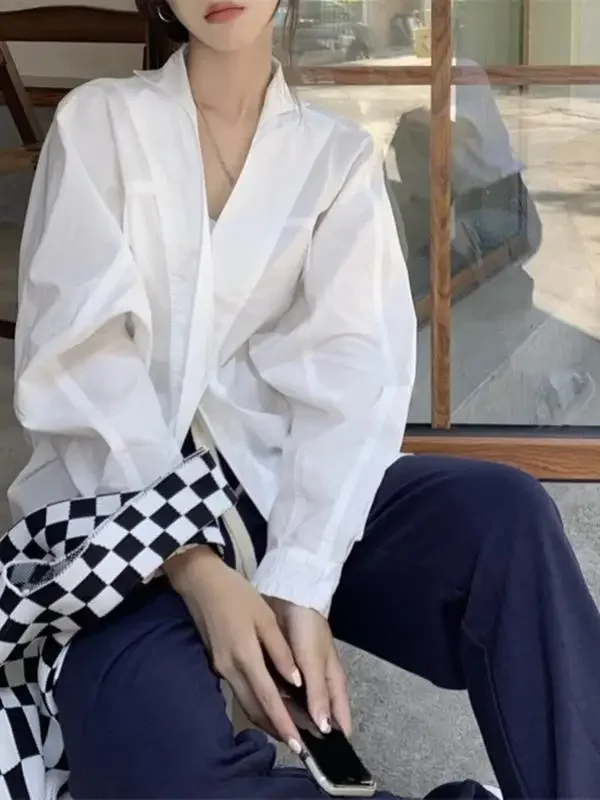 

Women's shirt V-neck Loose Casual White Long Sleeve Versatile Top Commute Korean Sle Pure Color Fall Season Fashion
