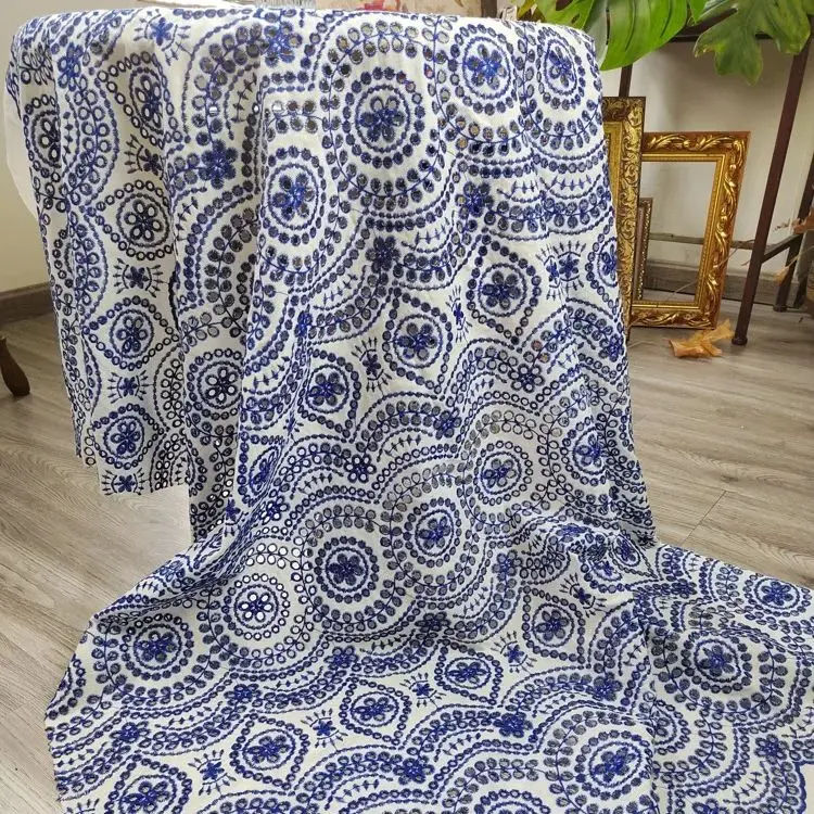 

Cotton embroidered openwork cloth blue vintage design sewing material clothing tablecloth pillowcase curtain cushion per meter