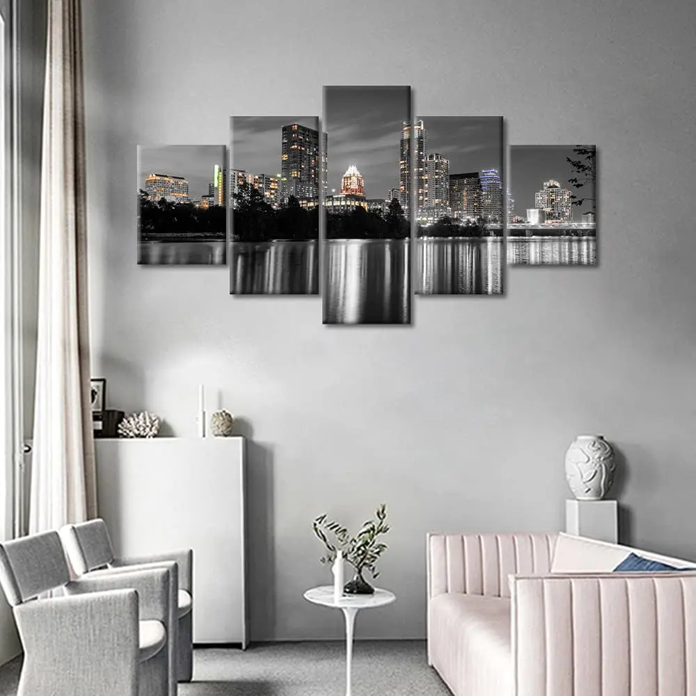 

5 шт. черно-белая Настенная картина Остин ночные здания городской пейзаж холст печать настенные украшения для гостиной Остин Skyline