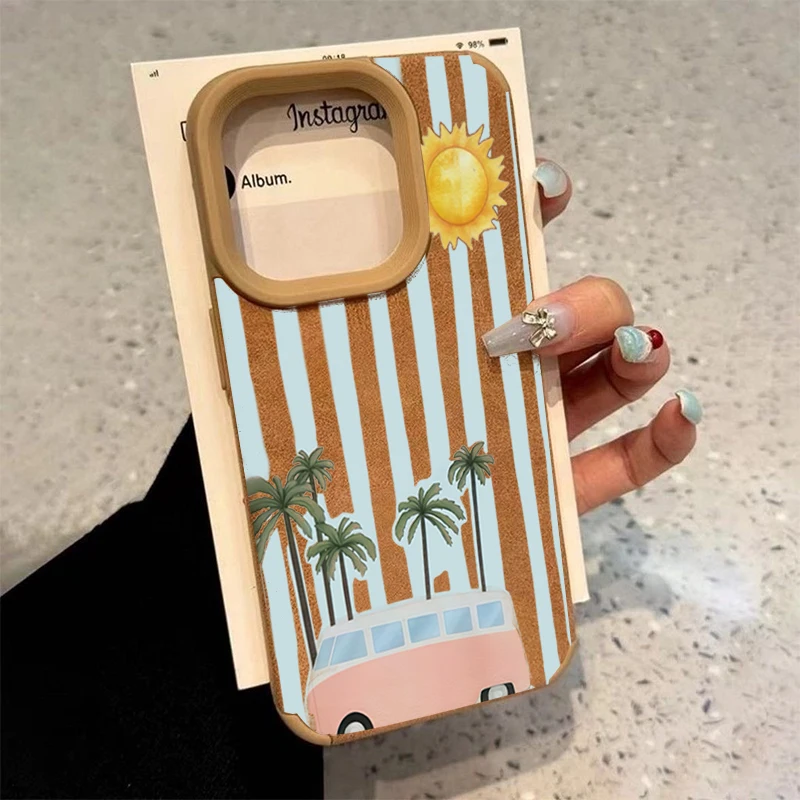 Weiß gestreifte Palme & Bus Minimalistisches Design Handyhülle für iPhone 17 16 11 12 13 14 15 Pro Max XS X XR 16 Plus 17 Air Cover