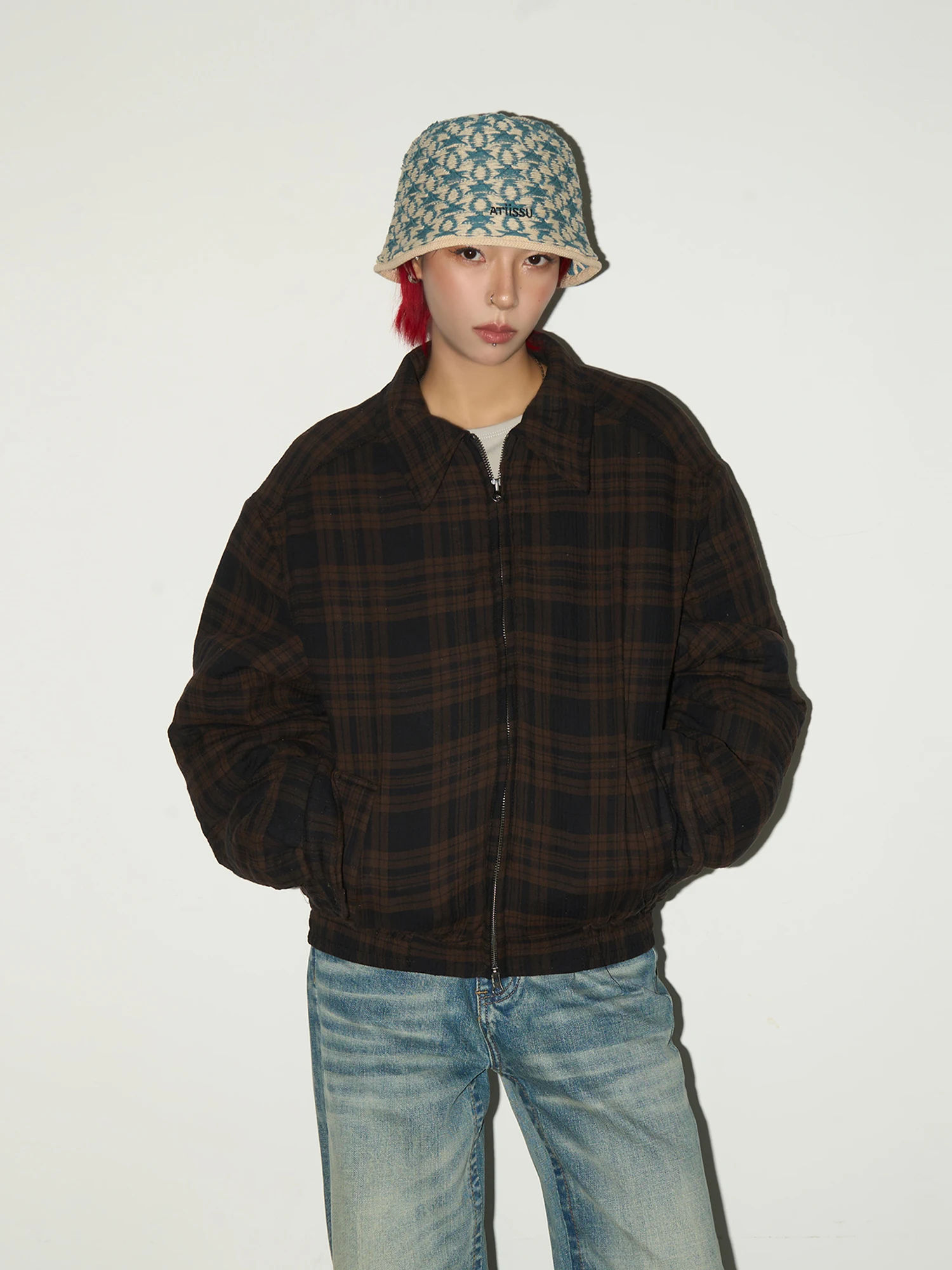 

MICHINNYON Retro Plaid American Sle Collar Jaet Loose Casual Workwear Outerwear Thiened Cotton Polyester Filled Coat