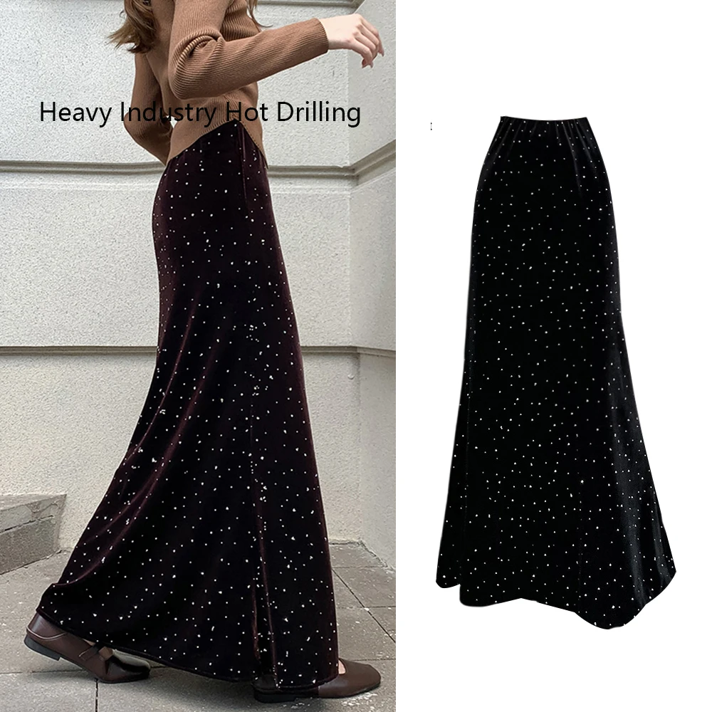 

Бархатная юбка средней длины со стразами, женская осенне-зимняя новая утягивающая облегающая юбка трапециевидной формы с высокой талией средней длины, новинка
