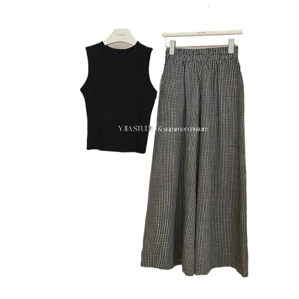 

2025 New Two-piece SetSlim Fit Tank Top+ Checkered Loose Wide Leg Pants Casual Skirt Pants Set for Women's Summer