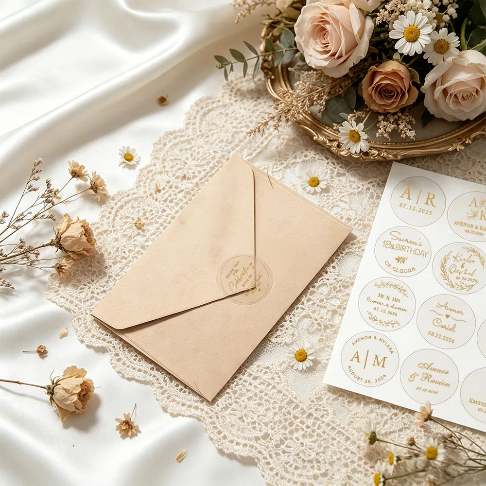 48pcs Personalized Clear Round Stickers,Custom Wedding Labels & Envelope Seals,Self-Adhesive Tags for Party,Candy Bag Stickers
