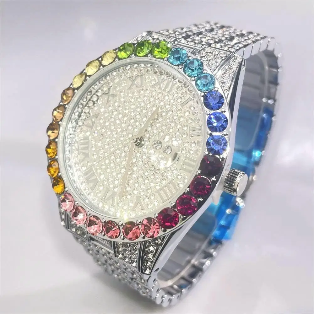 

MISSFOX Fashion Iced Watch For Men Stainless Steel Quartz Wristwatch Male Hip Hop Big Rainbow Diamond Watches Reloj Dropshipping