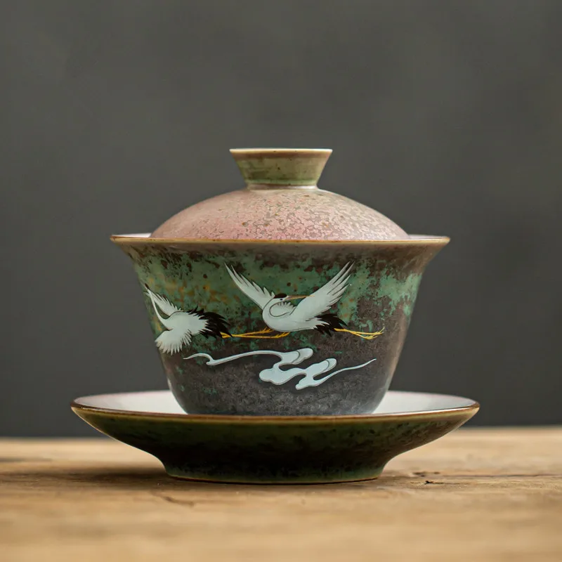 Anti-scald Large Ceramic Retro Tea Cover Bowl with Lid, Sancai Gaiwan Single Tea Bowl, Hand Painted Shining Crane Cover Bowl