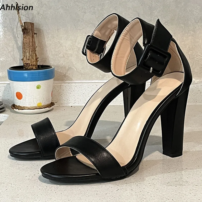 

Ahhlsion New Arrival Women Sandals Buckle Strap Chunky Heels Round Toe Elegant Black Casual Shoes Ladies Plus US Size 5-20