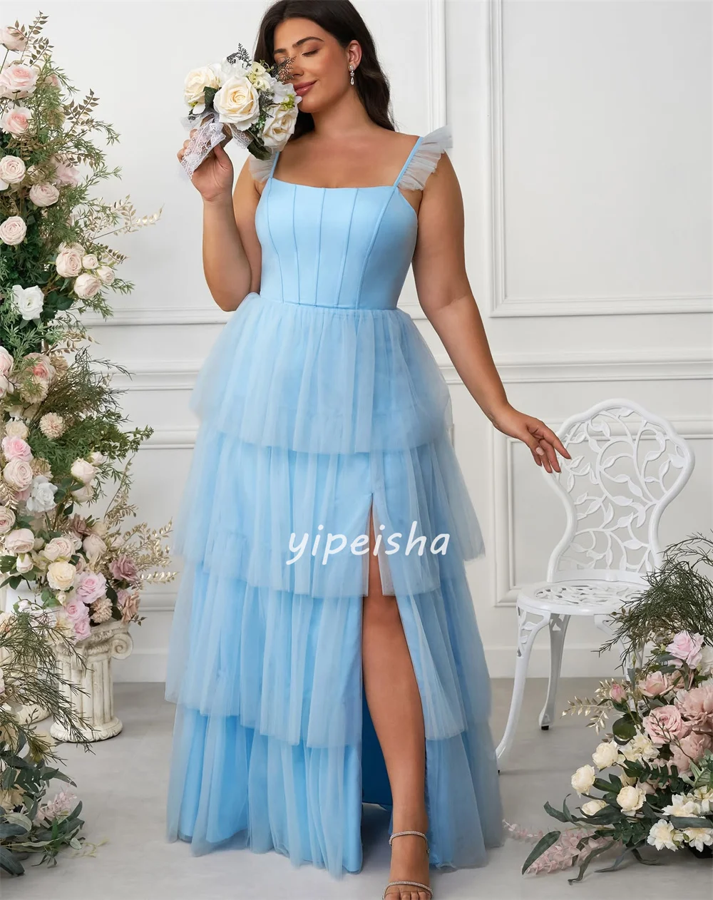 Customized Modern Style Fashion Tulle Tiered Straight Spaghetti strap Long Dresses Bespoke Occasion Dresses Matching Classic