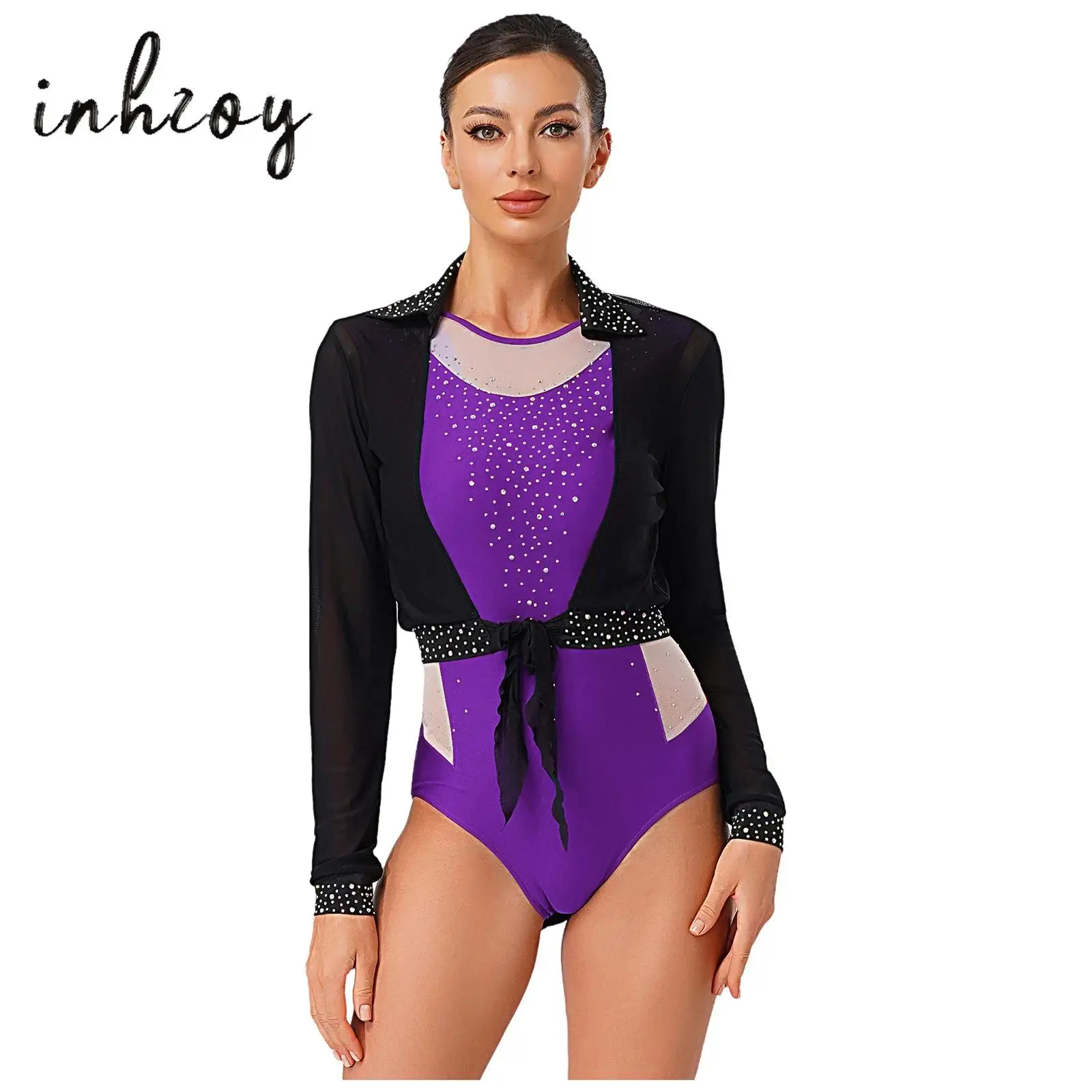 

Womens Gymnastics Ballet Dance Leotard Contrast Color Sleeveless Rhinestones Bodysuit+Long Sleeve Open Front Cardigan Crop Tops