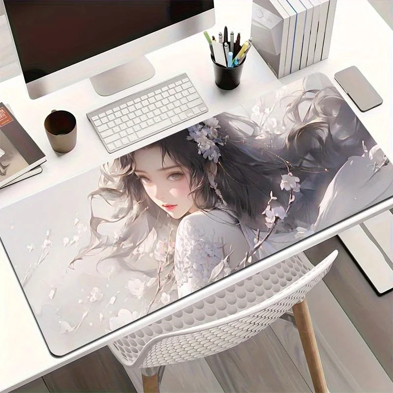 Ancient Style Woman Flowers Extended Mouse Pad Durable Rubber Desk Mat for Gaming and Office