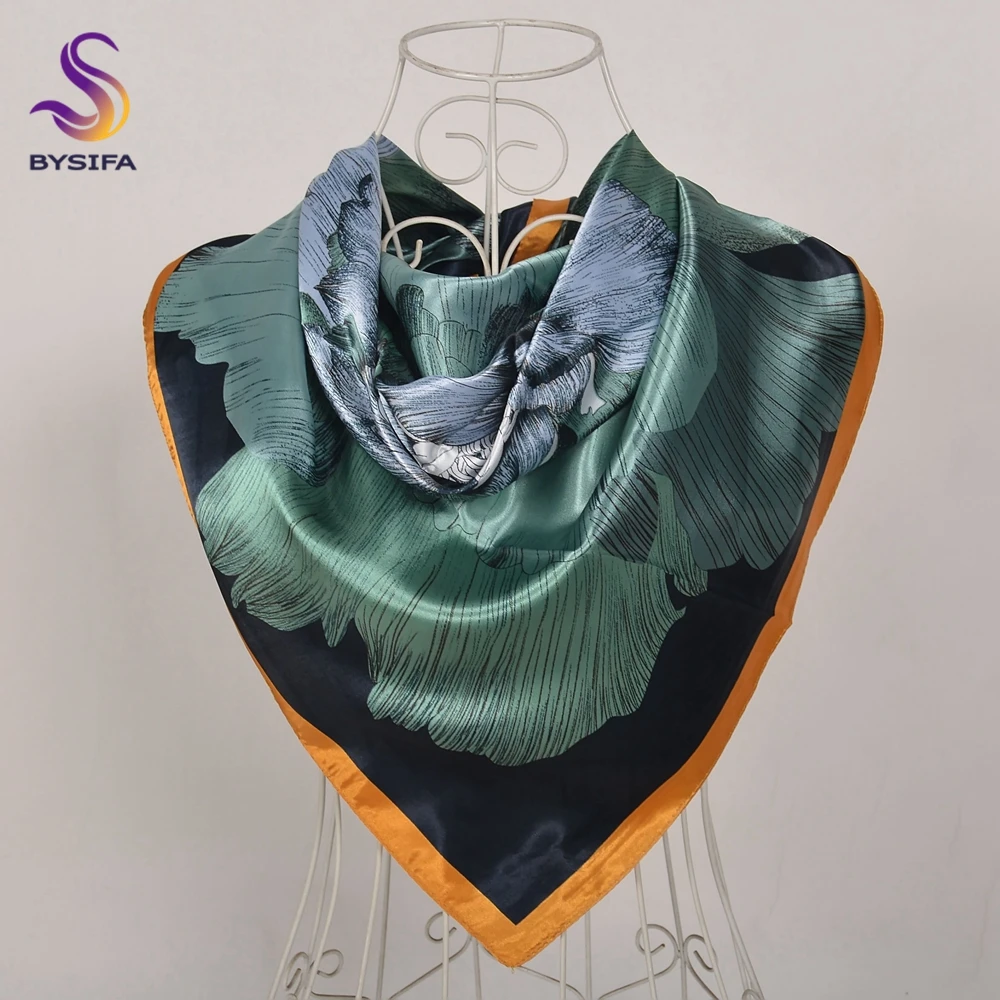 BYSIFA|New Black Gold Silk Scarf Hijab Women Fall Winter Square Head Scarves Wraps Chinese Stly Peony Design Summer Beach Shawls