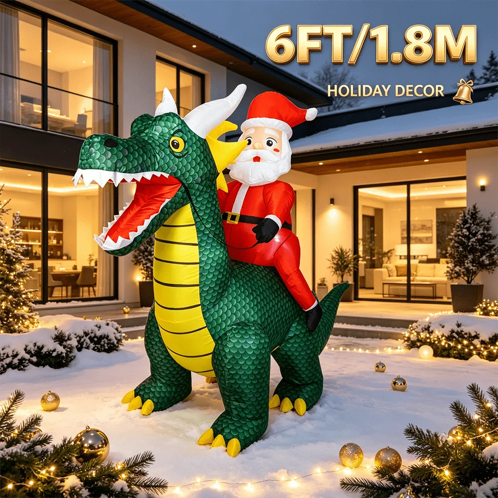 Santa Dinosaur Inflatable Toy 6FT Giant Green Dragon with Santa Claus with LED Light Blow Up Outdoor Garden Holiday Decor