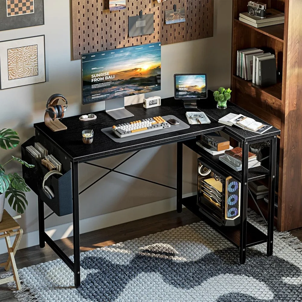 مكتب كمبيوتر على شكل حرف L، مكتب زاوية مقاس 47 بوصة مع مساحة تخزين، أرفف قابلة للعكس، مثالي للألعاب والاستخدام المكتبي