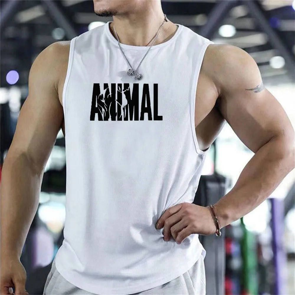 Running vest, men's animal letter printing, gym shorts, vest, mesh fabric, bodybuilding sleeveless single layer, muscle fitness