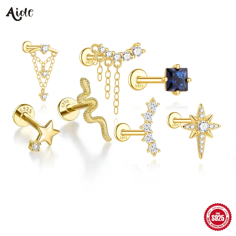 Aide-pendientes de tuerca de estrella hueca de Plata de Ley 925, Piercing de oreja de circonita, relámpago, hélice, cartílago del trago, Concha, Labret, joyería