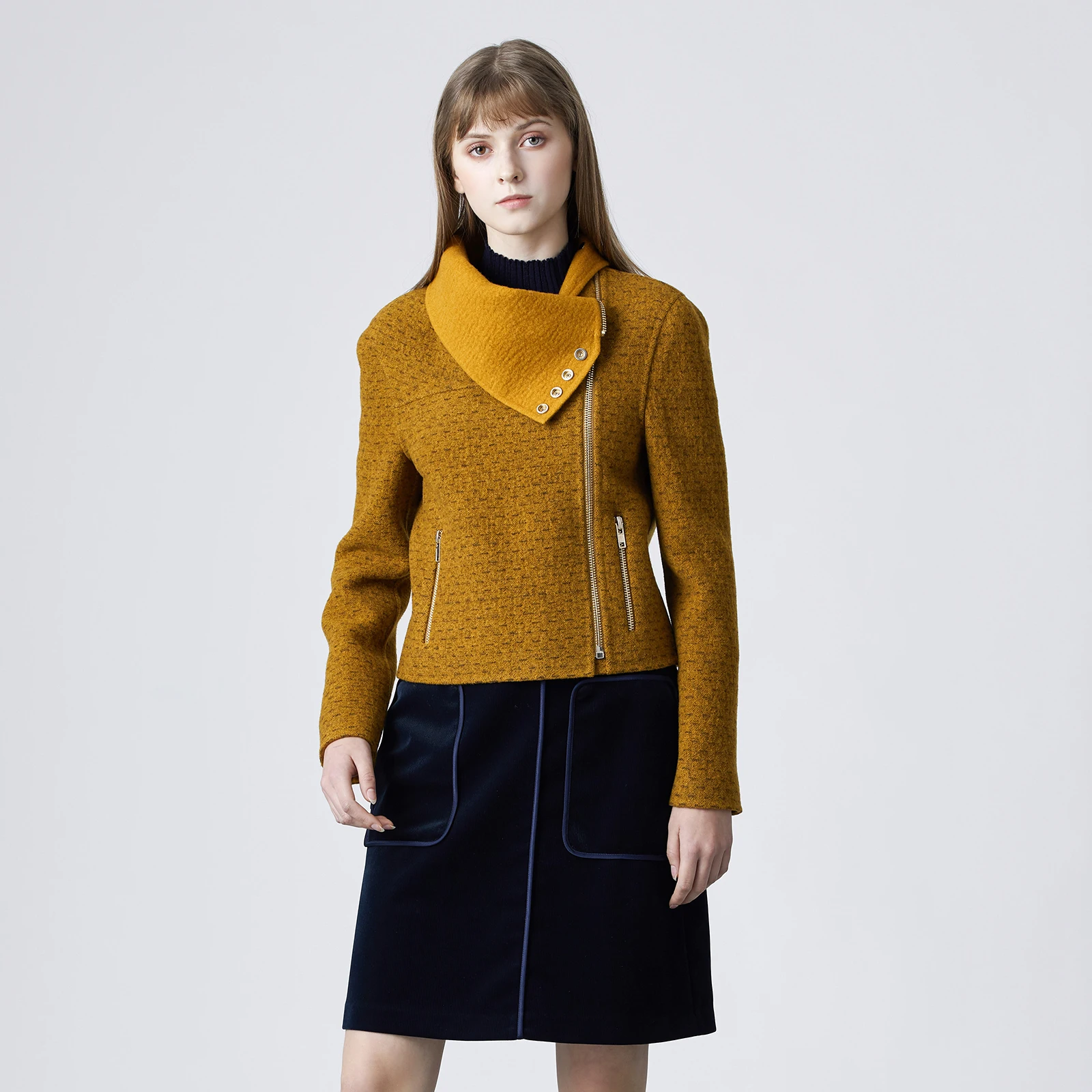 

Ele Pure Wool Double-Faced Tweed Jaet ort Coat Sli Turn-Down Collar Women's Faion Autumn Winter Outerwear