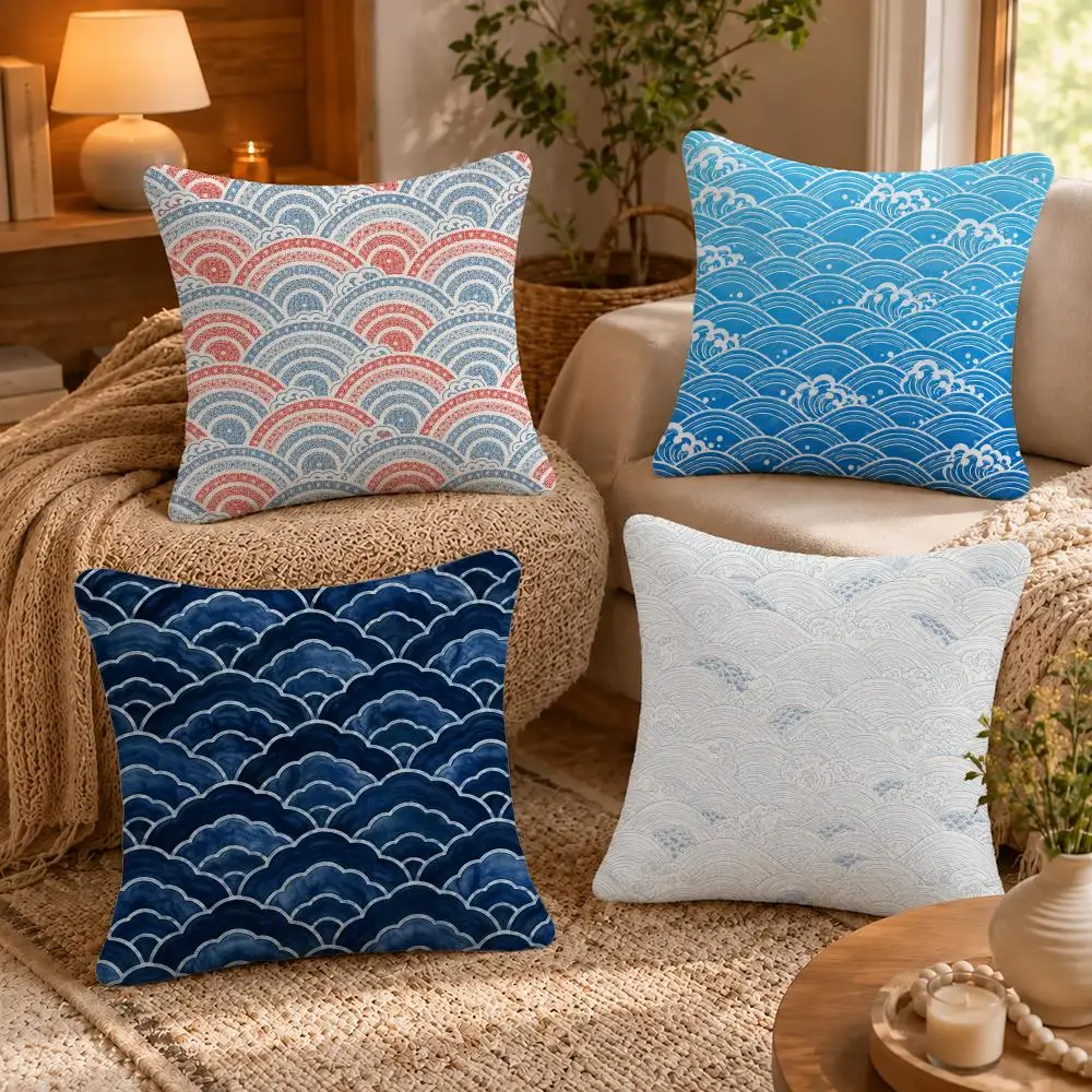 Seigaiha Ocean Wave Pattern Cushion Cover Short-Plush Cushion Cover Pillowcase — Suitable for Sofas Bedrooms and Home Decor
