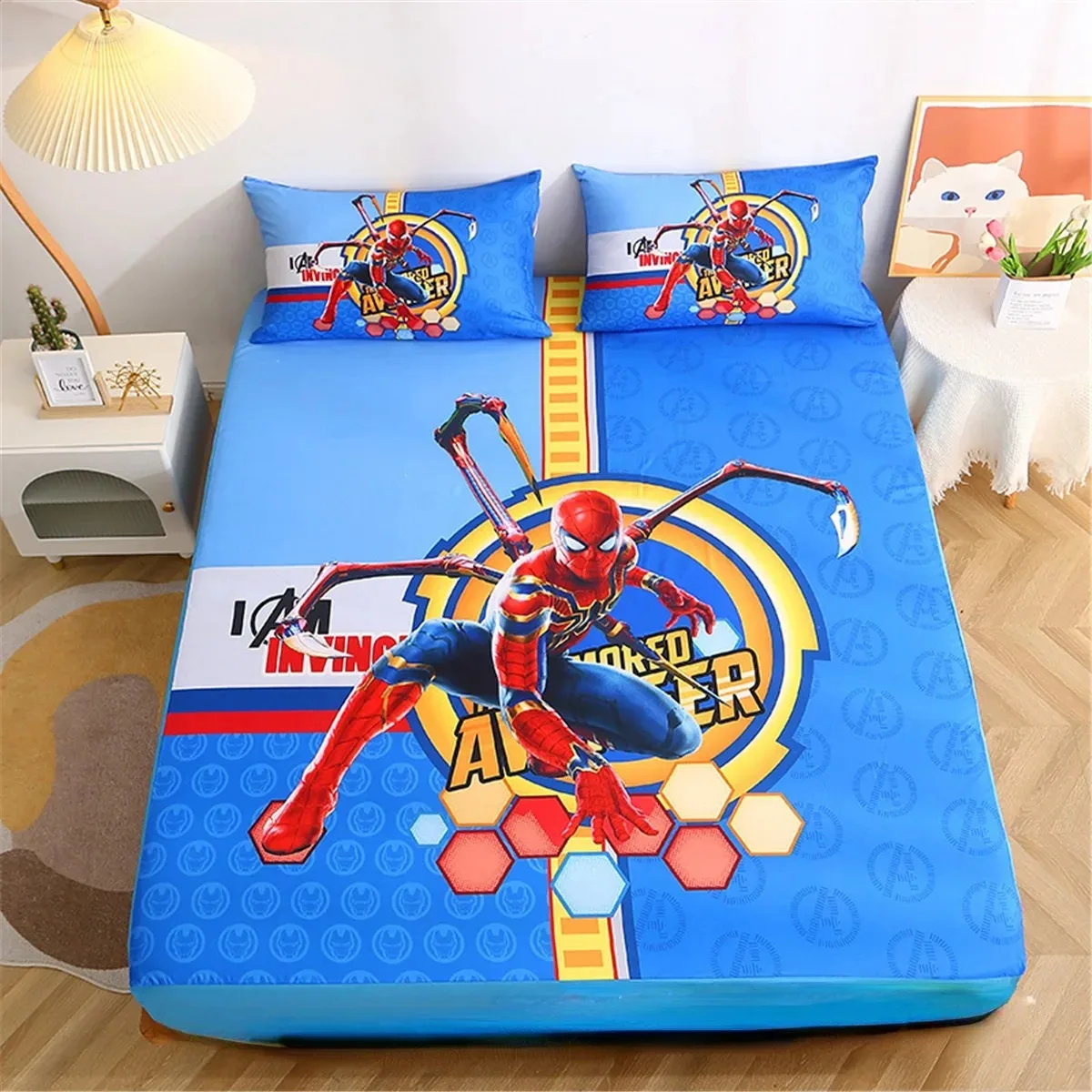 Spiderman Blue Fitted Sheet,Boy\'s Single Bedding Set,Anime Boys Fitted Sheet Box Spring Bed,Suitable for mattresses 5-30cm high