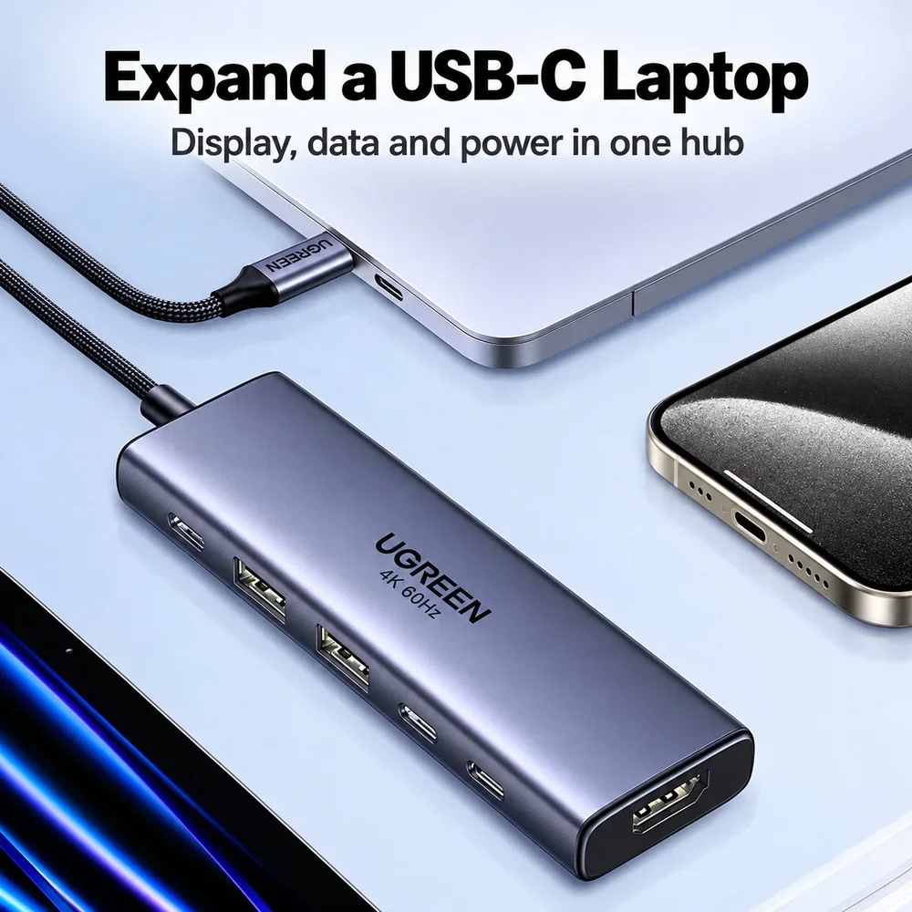UGREEN CM511 35999 6-in-1 USB-C Hub, 4K 60Hz HDMI, 4 USB 3.2 Data Ports up to 10Gbps, 100W PD for MacBook Pro/Air