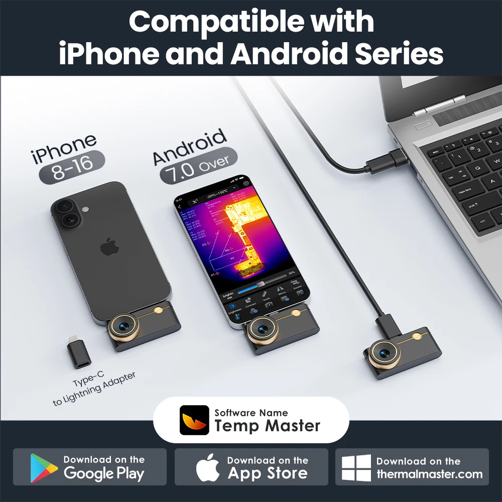 كاميرا حرارية iphone & Android P3 من النوع C بعدسة ماكرو كاميرا تصوير بالأشعة تحت الحمراء لفحص دائرة PCB المنزلي 600 ℃   512*384