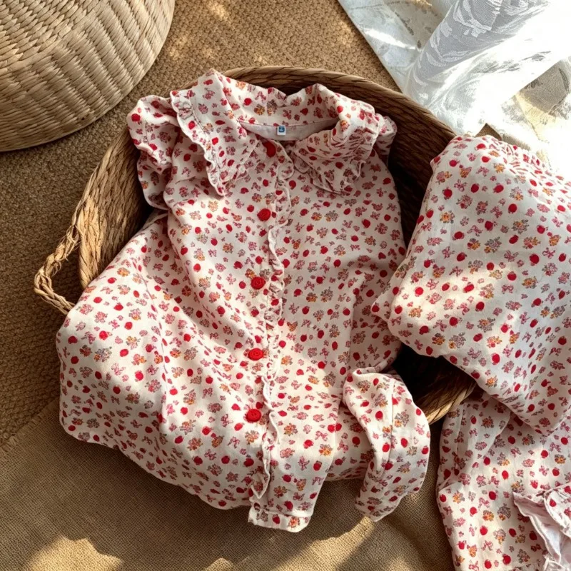 Spring Autumn Women 2Pcs Pajamas Strawberry Print Long Sleeve Ruffle Collar Cuffs Sweet Cute Korean Loungewear Home Clothing Set