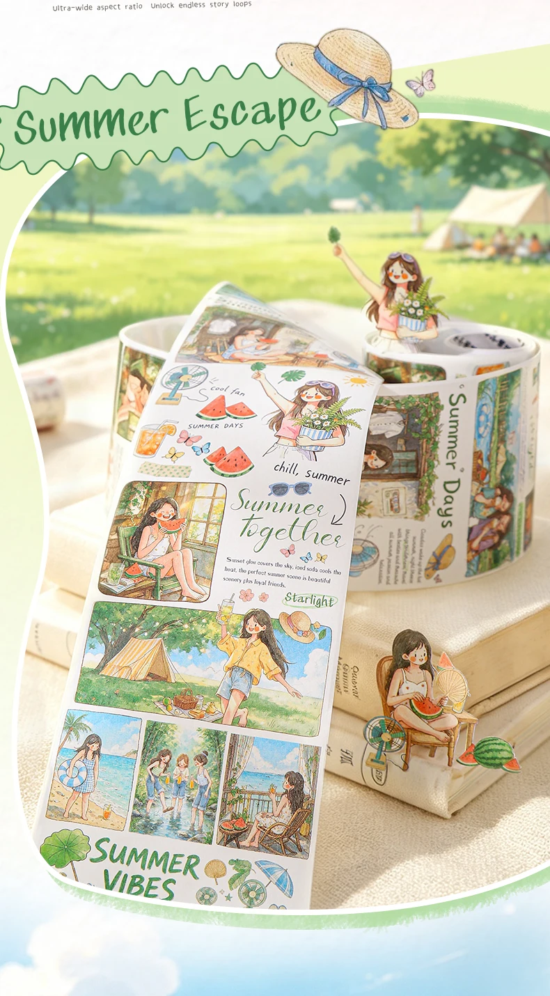 Journal GO 8cmx2m Washi Tape Sticker Set – Cute Friends Objects & Words Decals for Journaling Scrapbooking and DIY Card Crafts