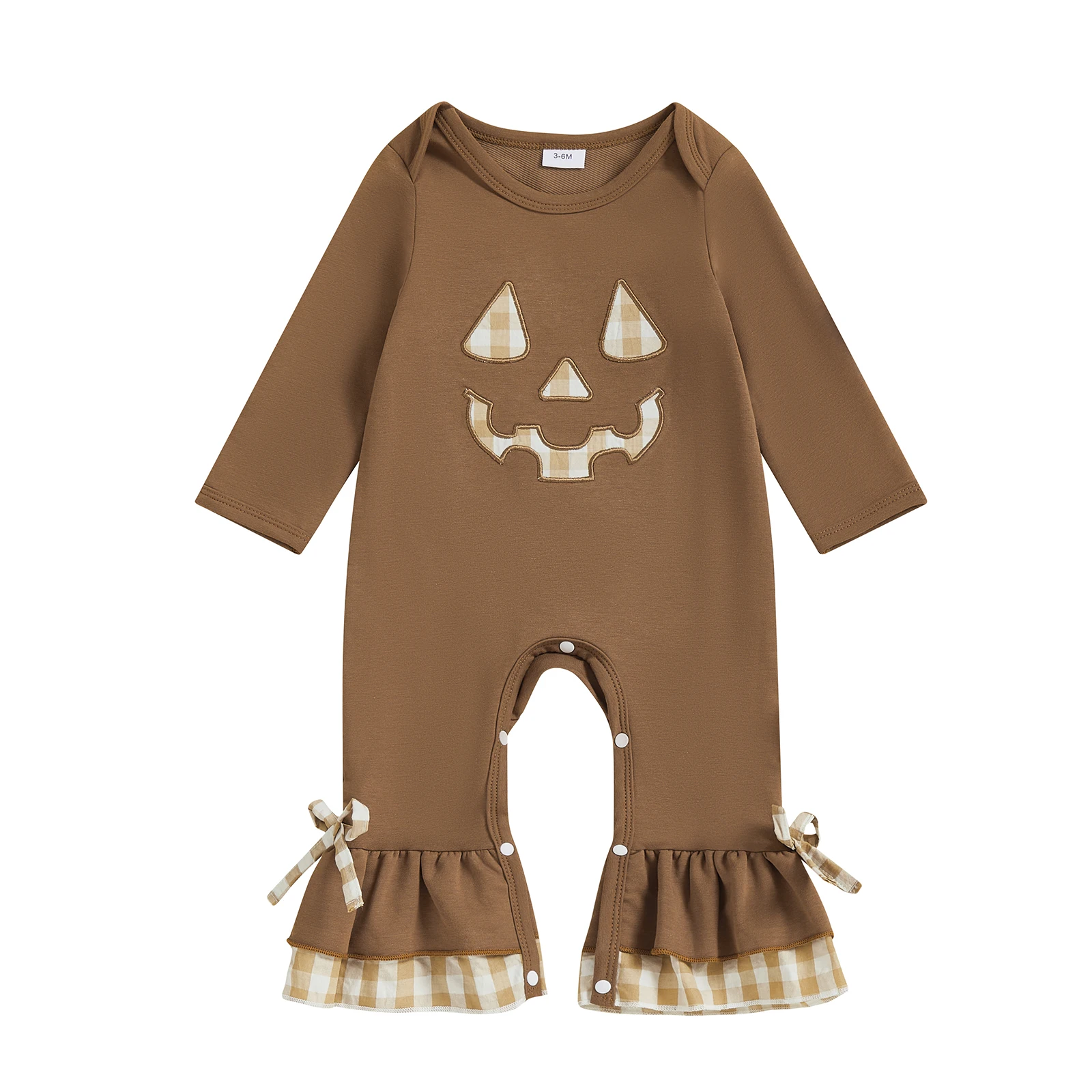 Adorable Toddler Halloween Costume Long Sleeve Round Neck Plaid Pumpkin Pattern  Baby Girl Pajamas Set Infant Jumpsuit