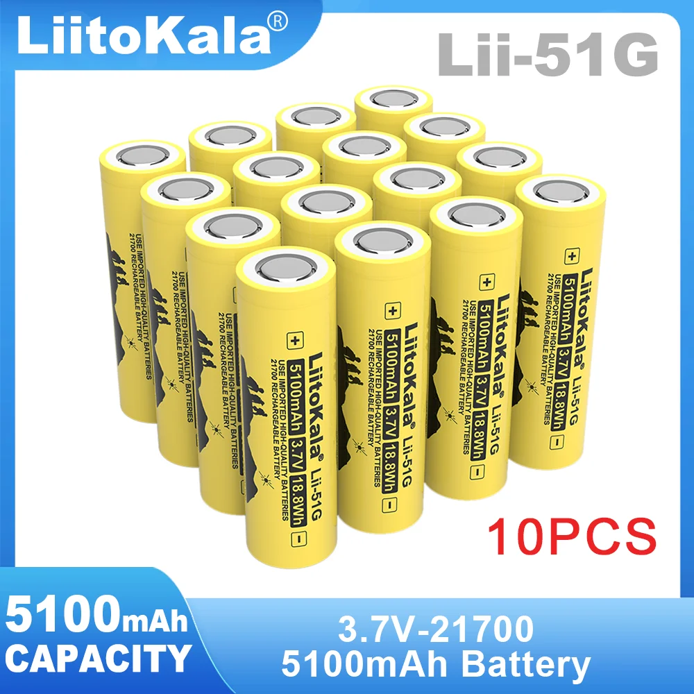 

10 шт. Liitokala Lii-51G 3,7 в 5100 мАч 21700 для фонарика, высокая емкость, 100% оригинальная литиевая батарея