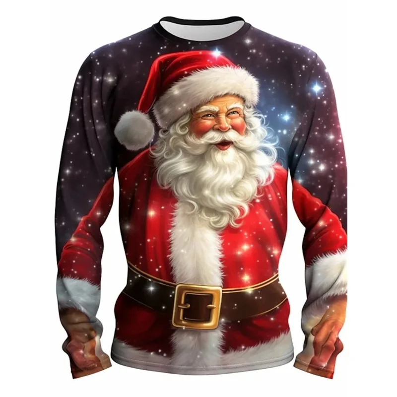 

3D printed Santa Claus pattern long sleeved men's casual outdoor quick drying loose round neck T-shirt top