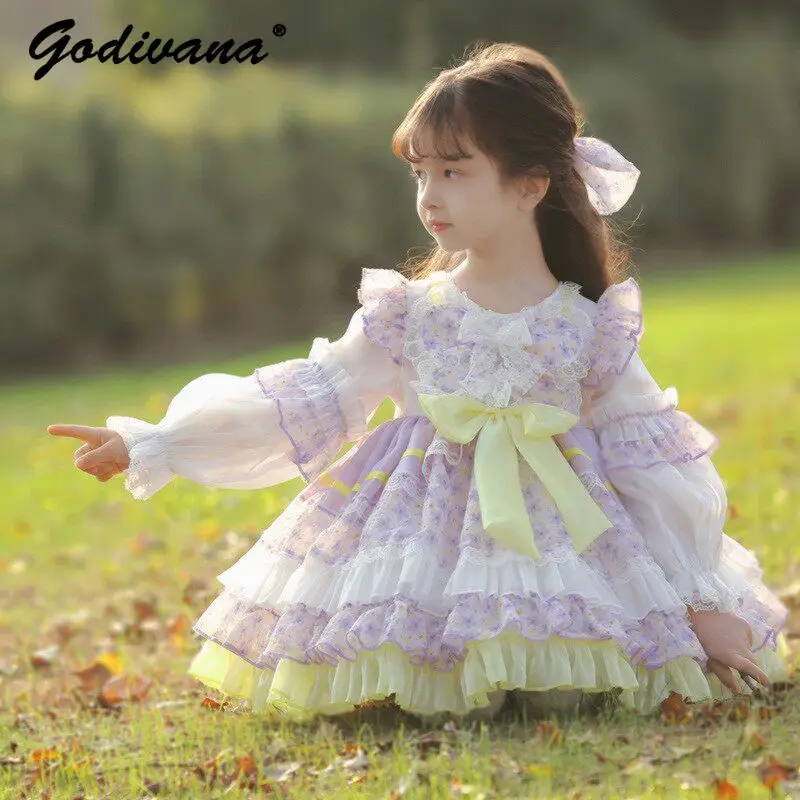 2026 Spring and Autumn New Fashion Baby Girls Lolita Princess Dress Kids Mesh Ruffle Trim Floral Long Sleeve Casual Tutu Dress