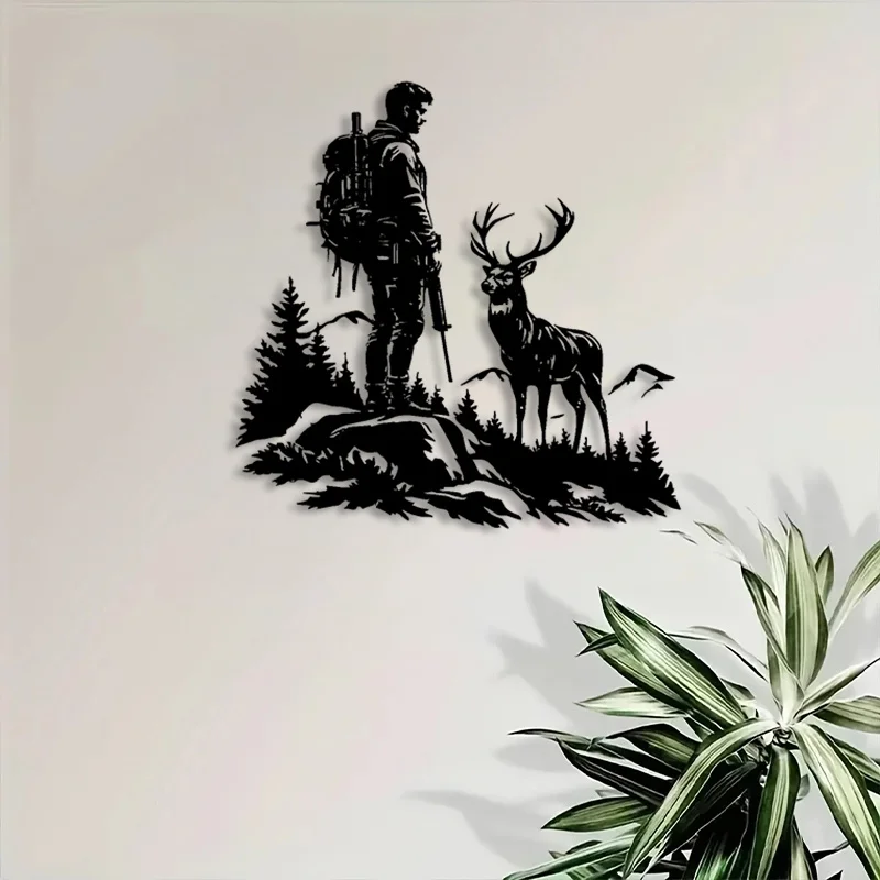 1A heavy-duty iron hunter statue，With a rifle and deer，Artistic sculpture hanging on the rock wall 1pc