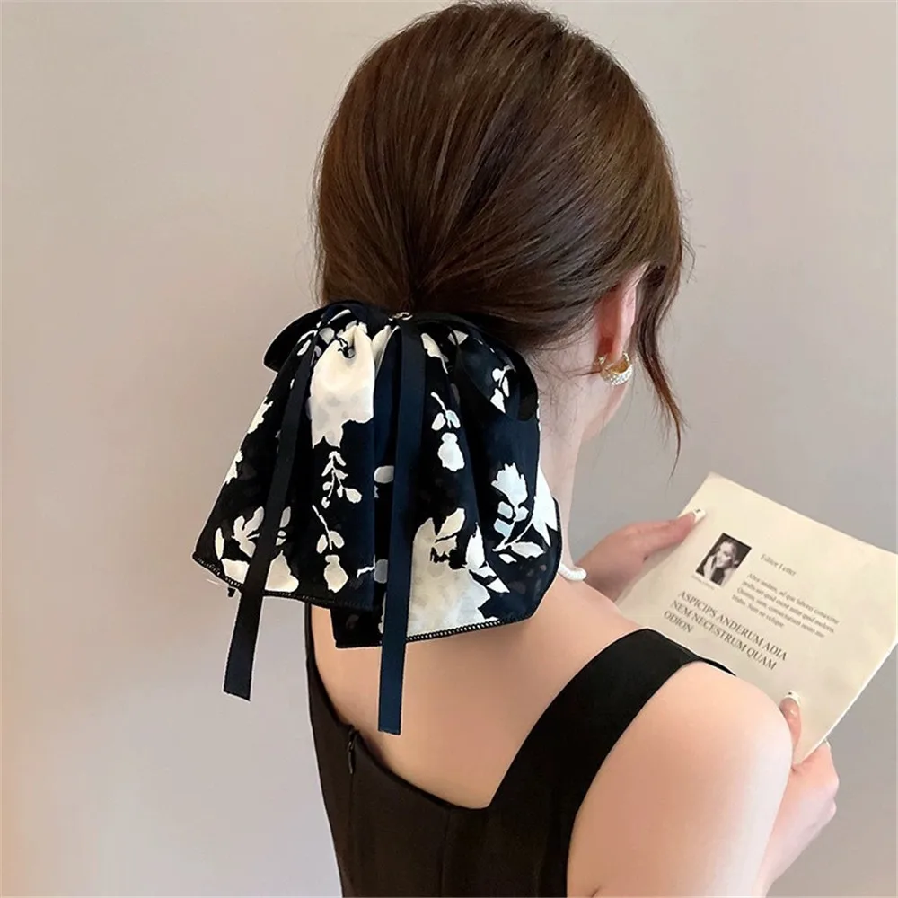 New Vintage French Style Ink Printing Bowknot Hair Scrunchies White and Black Yinyang Ribbon Hair Ties Rubber Bands for Women