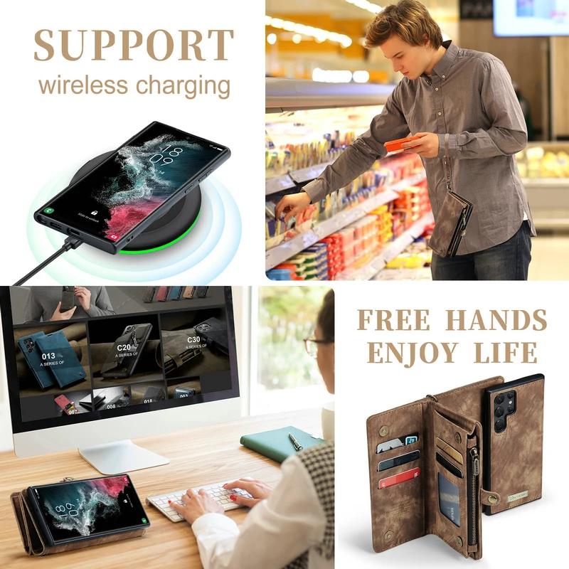 CaseMe-Leather Zipper Phone Case, Multifunction Wallet, 2 in 1 Full Case, Samsung Galaxy S21, S22, S23 Plus, Note 20 Ultra, A53