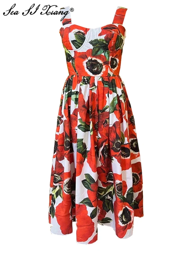 

Seasixiang Fashion Designer 100% Cotton Dress Women Sicilian Spaghetti Strap Red Flower Print High Quality Elegant Dresses