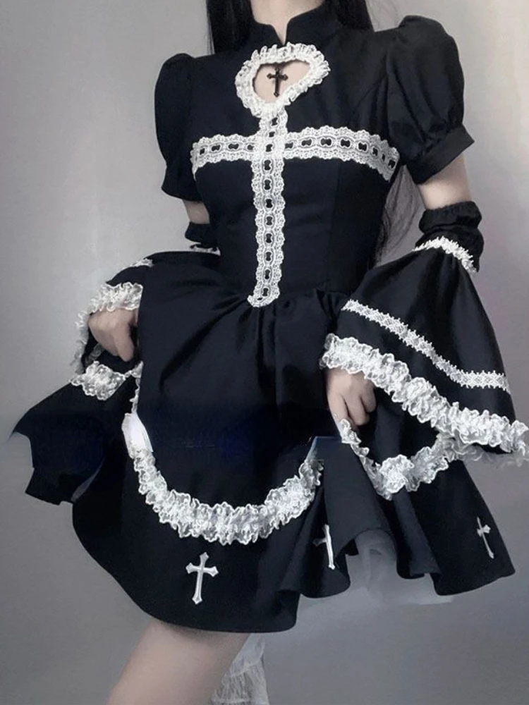 2023 Japanese Style Gothic Cosplay Dress Female All-Match Robe Long Sleeve Ruffle Lace Black Midi Dresses Y2k Lolita Vestidos