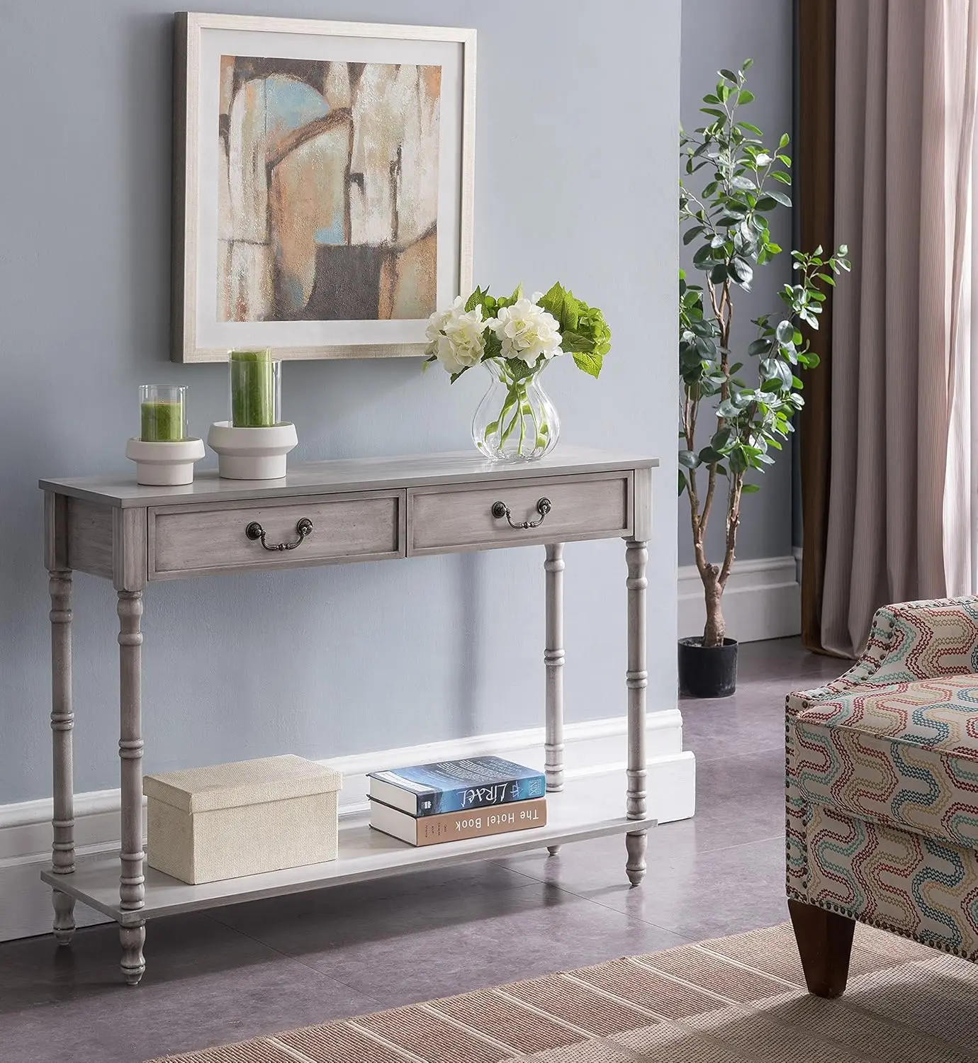 

– 2 Drawer Wooden Hall Console Sofa Table, Washed Oak Finish
