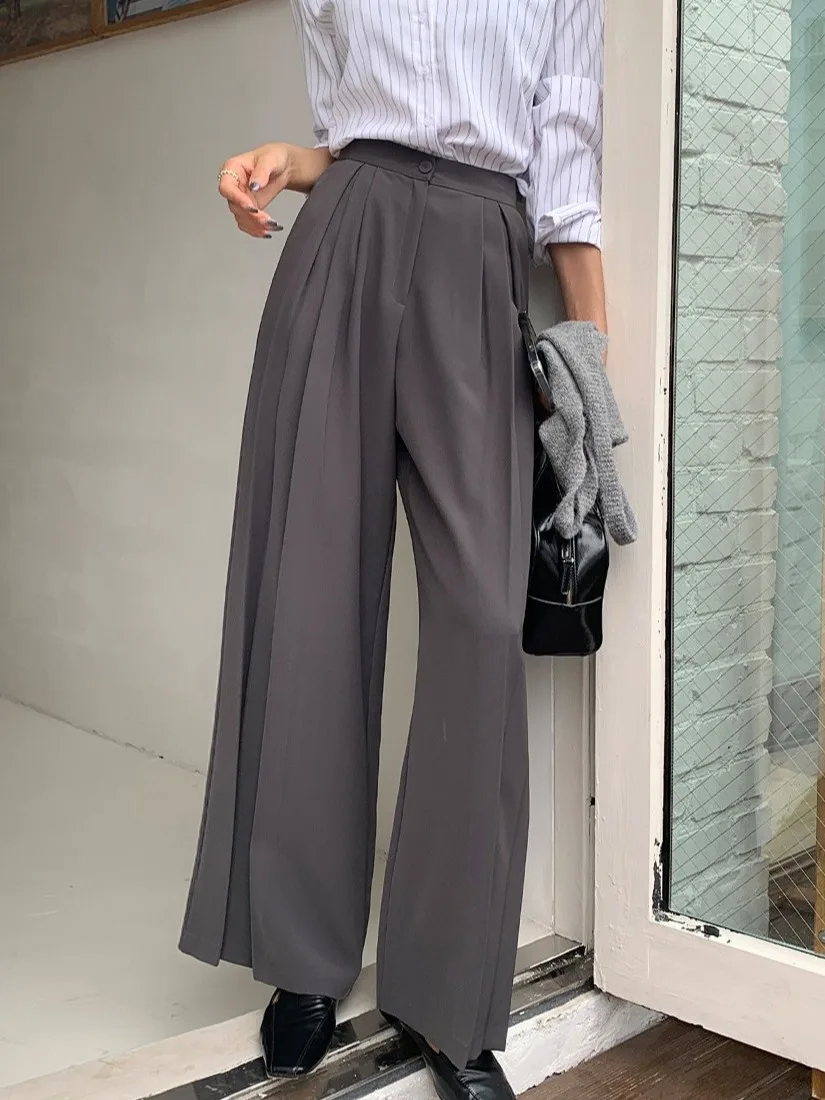 Pantalon drapé taille haute à jambes larges pour femme, Long, décontracté, Chic, polyvalent, Design plissé, coréen, automne